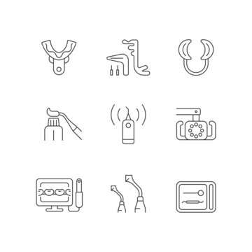 Dental check up linear icons set. Medical devices. Impression tray. Implant maintenance. Lip retractor. Customizable thin line contour symbols. Isolated vector outline illustrations. Editable stroke