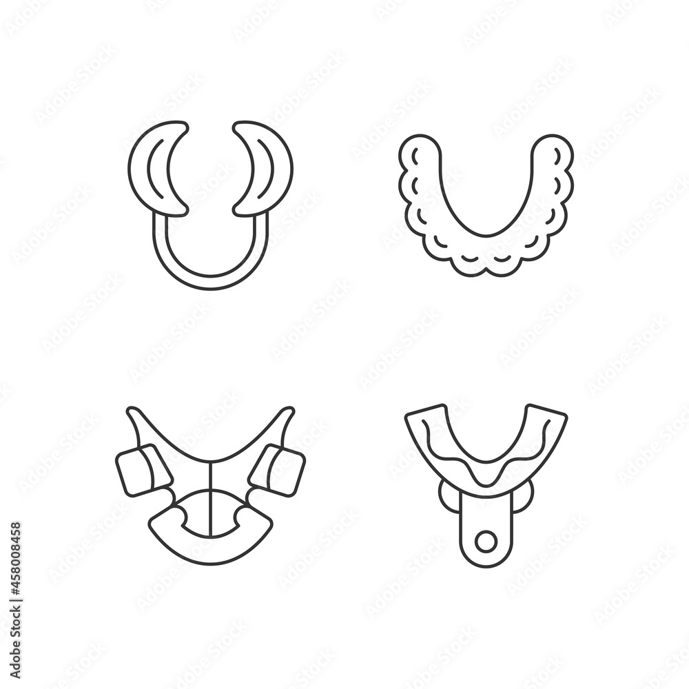 Poster orthodontic appliances linear icons set. realigning teeth device. cheek retractor. impression tray. 