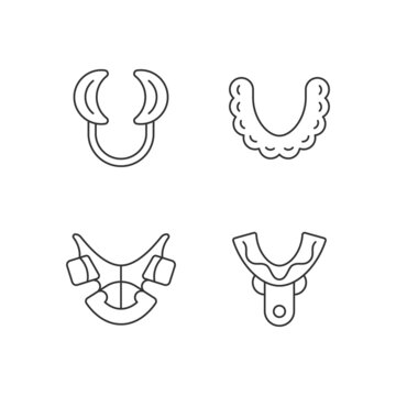 Orthodontic appliances linear icons set. Realigning teeth device. Cheek retractor. Impression tray. Customizable thin line contour symbols. Isolated vector outline illustrations. Editable stroke