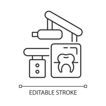 Dental x-ray equipment linear icon. Capturing patient mouth in one image. Radiographic procedure. Thin line customizable illustration. Contour symbol. Vector isolated outline drawing. Editable stroke