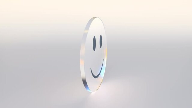 Sad and happy smileys on both sides of a spinning coin or token, conceptual looping 3d animation