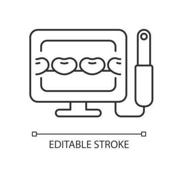 Intraoral camera linear icon. Oral health condition diagnosis. Capturing teeth video image. Thin line customizable illustration. Contour symbol. Vector isolated outline drawing. Editable stroke