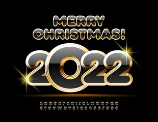 Vector luxury Greeting Card Merry Christmas 2022! Gold and Black rich Font. Premium set of Alphabet Letters and Numbers