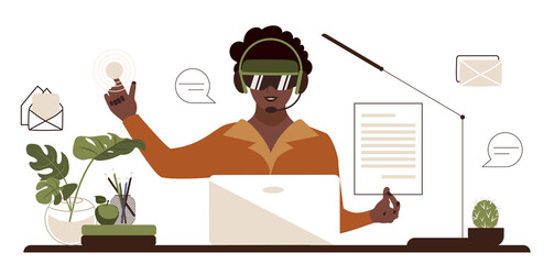 African American woman in vr glasses works in the office. Female at the table uses an interactive panel and virtual documentation. Flat business vector illustration