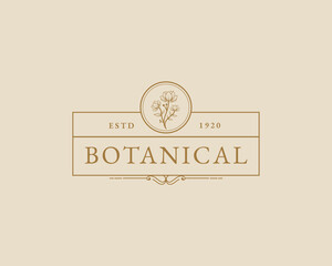 Botanical Hand Drawn Logo with Wild Flower and Leaves. Logo for spa and beauty salon, boutique, organic shop, wedding, floral designer, interior, photography, cosmetic. Floral element