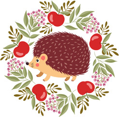 Cute hedgehog in a spring circle frame made with apples
