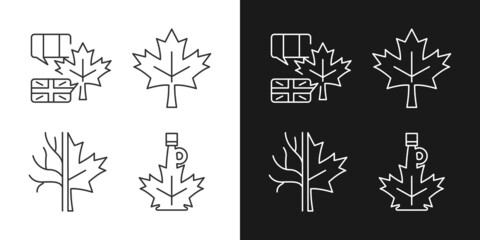 Maple leaf significance linear icons set for dark and light mode. National emblem of Canada. Maple leaf symbol. Customizable thin line symbols. Isolated vector outline illustrations. Editable stroke