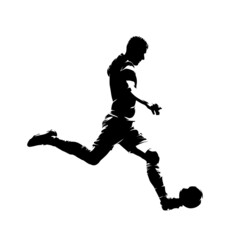 Soccer player running and kicking ball, isolated vector silhouette, side view. Footballer ink drawing, striker - obrazy, fototapety, plakaty