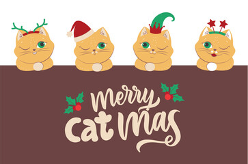 The set of head cats with lettering quote is good for Merry Christmas designs. The collection image of winter animals with in the hat, elf, stars, horns. The vector illustration