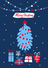 Fototapeta na wymiar merry christmas xmas happy new year festive greeting card template background in blue red and white color palette, vector illustration graphic