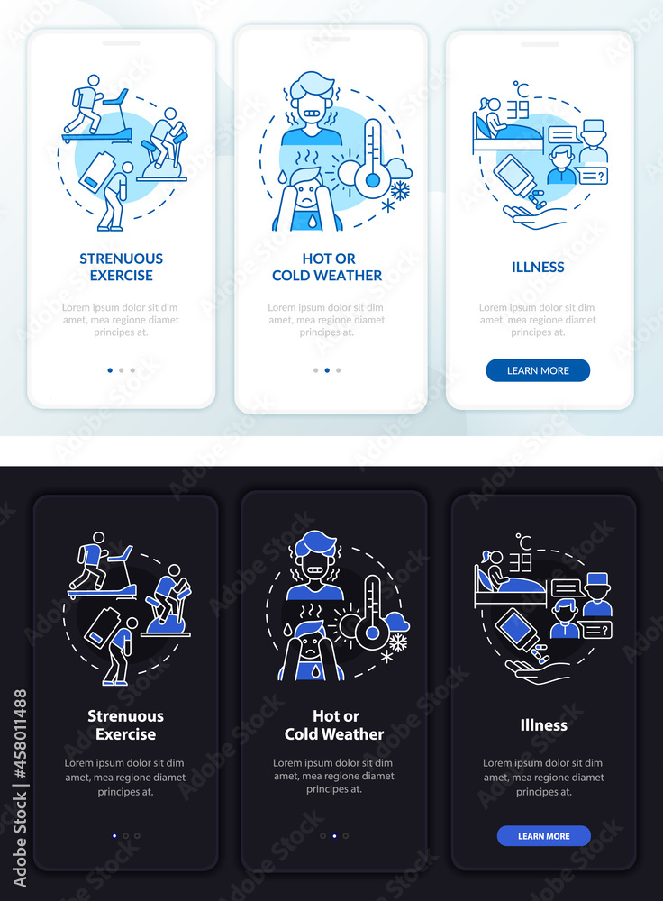 Poster increased fluid intake light, dark onboarding mobile app page screen. walkthrough 3 steps graphic in