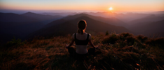 Back view of woman practicing yoga in the mountains. Meditating female is relaxing and enjoying...