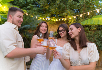 Friends at a party with glasses of wine. Toast, cheer, friendship of a group of people at the event. Celebrate and congratulation