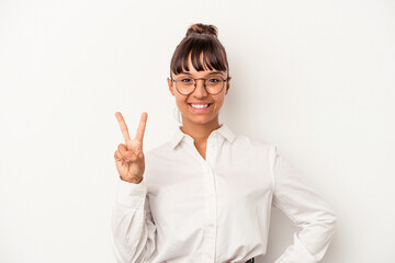 Young mixed race business woman isolated on white background  showing number two with fingers.