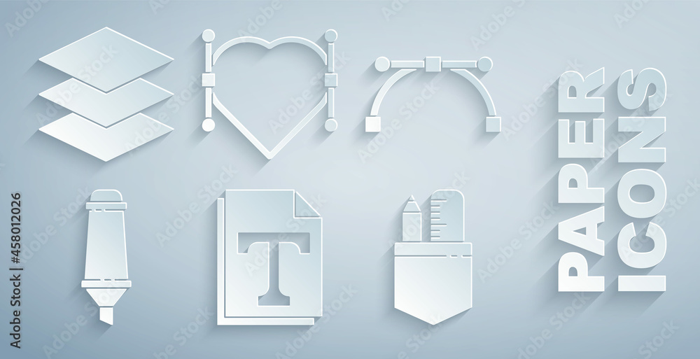 Poster set text file document, bezier curve, marker pen, crossed ruler and pencil, heart with and layers ic