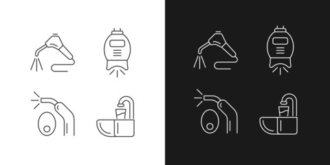 Going to dentist linear icons set for dark and light mode. Moistening patient mouth. Teeth whitening machine. Customizable thin line symbols. Isolated vector outline illustrations. Editable stroke