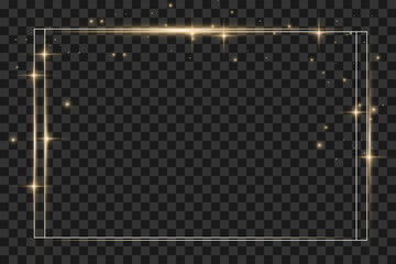 Glowing vintage gold frame with shadows isolated on transparent background. Rectangular frame with lights effects. olden luxury realistic rectangle border. Vector