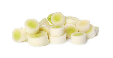 Fresh raw leek slices on white background