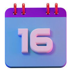3D Render isolated symbol calendar of 16 days for daily reminder or planning