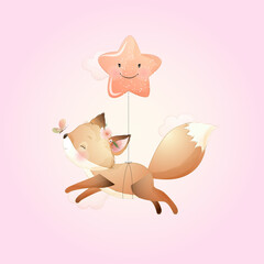 illustration fox banner happy baby shower love design cartoon little girl pink greeting sweet fun kid animal postcard print  card fashion children star newborn sketch floral watercolor art boy 