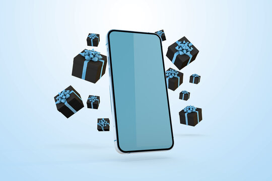mockup display iPhone sierra blue a cyber monday concept with gift boxes