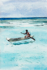 Fototapeta premium Haiti. A man sails on a pie. Blue ocean. Watercolor hand drawn illustration.