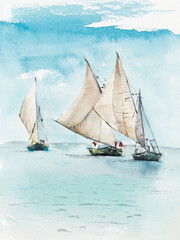 Haiti. Traditional Caribbean sailing boats. Blue ocean. Watercolor hand drawn illustration. - 458014294