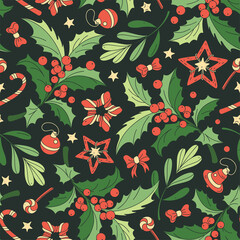 Seamless pattern with red and green Christmas symbols isolated on black background. Colorful template of background for holidays. 