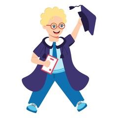 A student in a graduation suit celebrating the beginning or end of their studies. Cheerful, funny character in cartoon style for web design