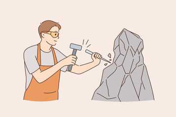 Working as stonecutter with tools concept. Young positive man stonecutter using hammer and stick to work with rock stone concrete wearing glasses and apron vector illustration  - obrazy, fototapety, plakaty