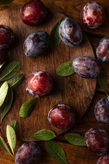Fototapeta premium Ripe plums on a wooden cutting board, among green leaves and twigs