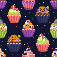 Halloween cupcakes, seamless pattern