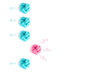 Pink blue skeins, find your way, be different. Concept photography