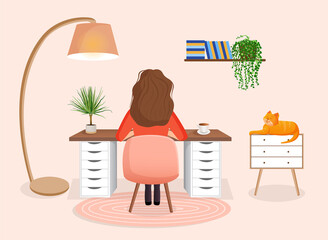 Fototapeta na wymiar Woman freelancer, manager sits at a desk working at home at a computer. Back view of the girl. Remote work, office at home, programming. Cozy working interior with a cat. Vector illustration