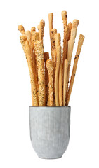 Delicious grissini sticks in cup on white background