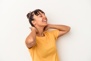 Young mixed race woman isolated on white background  feeling confident, with hands behind the head.