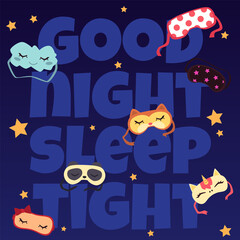 Good night banner with quote and sleep masks, flat vector illustration.