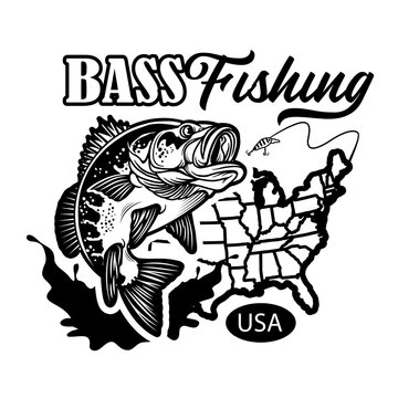 Vintage Large mouth Bass Fish Fishing Logo with USA Map. Carnivorous Freshwater Game fish. Vector Illustration.