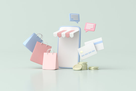Illustration of shopping bag with credit cards and smart phone, Minimal style, 3d rendering.