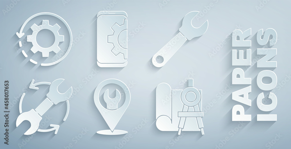 Poster set location with wrench spanner, wrench, and arrows as workflow, graphing paper compass, setting sm