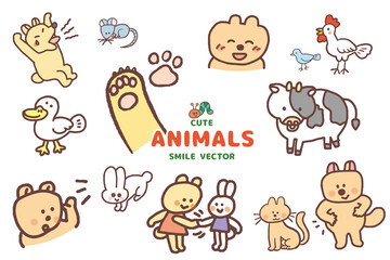Smiling animals hand drawing vector.