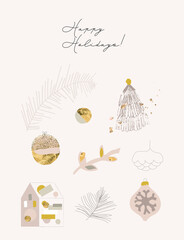 Set of chic Merry Christmas greeting cards or postcards with decorative xmas cute little elements