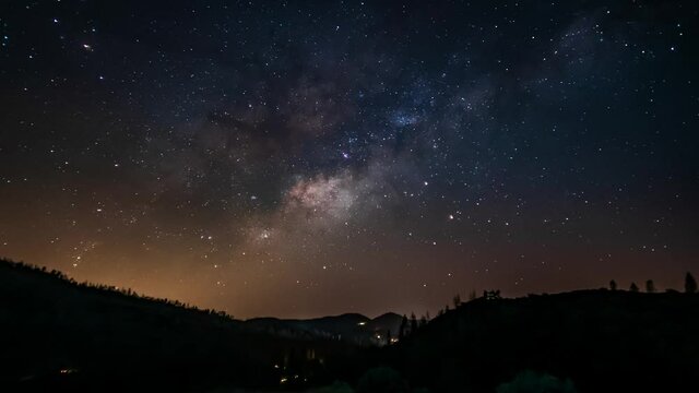 Milky way timelapse in the darkness. Sky with many stars. Evidence of Earth rotation