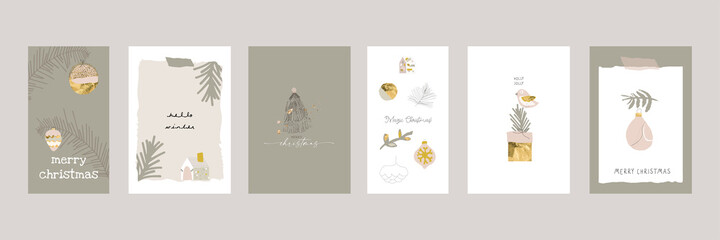 Set of chic Merry Christmas greeting cards or postcards with decorative xmas cute little elements