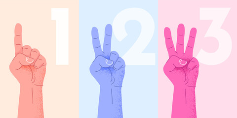 Set of counting one two three hand sign. Three steps or options concept.