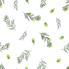 Small Green Olive Branches on White Background Watercolor Seamless Pattern