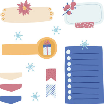 Digital bullet journaling and snail mailing. Blank paper notes, stickers, washi tapes, tags, snowflakes. Vector art