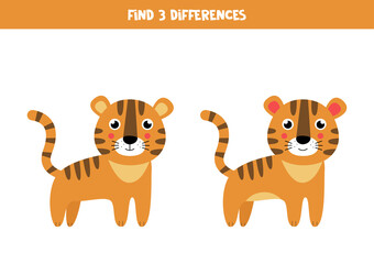 Find 3 differences between two cute cartoon tigers.