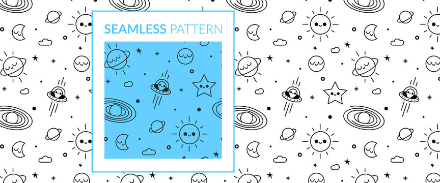 Motif seamless r&eacute;p&eacute;titif espace &eacute;toiles plan&egrave;tes astronomie mignon noir et blanc traits illustration vectoriel galaxie b&eacute;b&eacute; enfant alien univers textile tissu