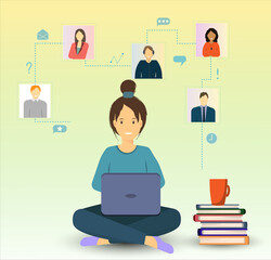 Young woman chatting with friend by video conference, online working concept, freelance work concept, flat vector illustration